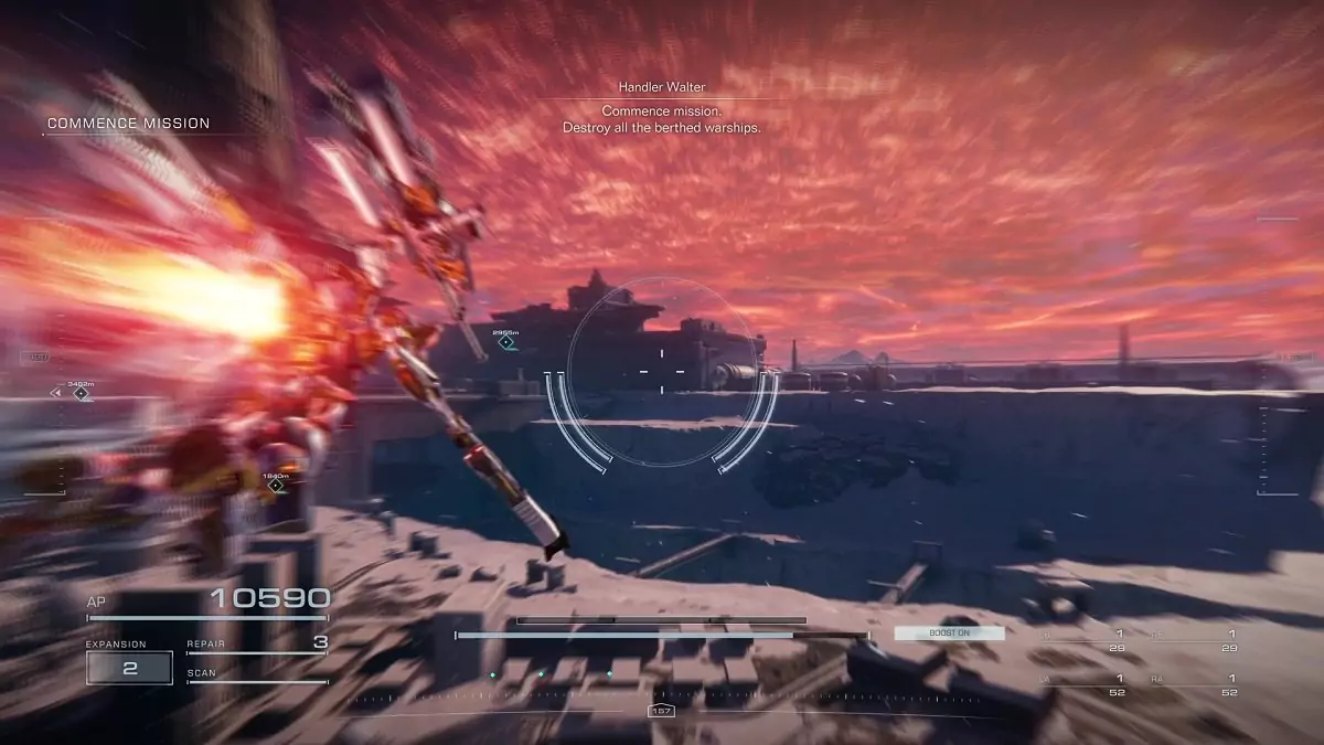 The player flying towards the location of the farthest right objective in the "Attack the Old Spaceport" mission.