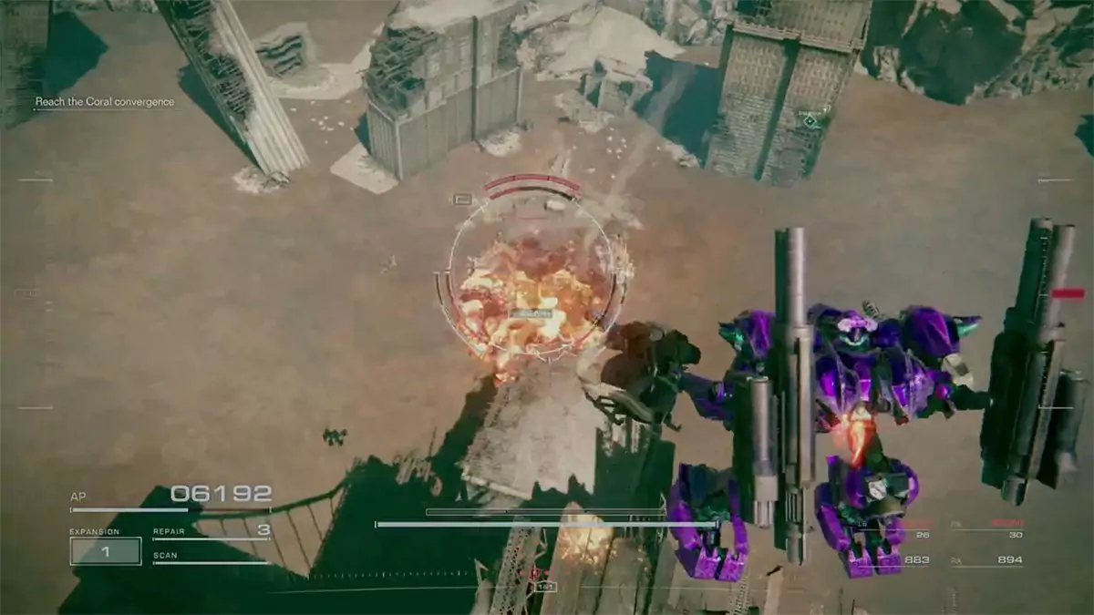 The player using an explosive weapon to attack grinder wheel enemies from above.