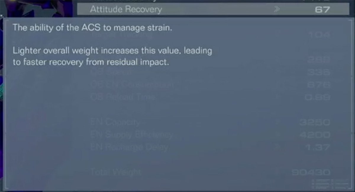 Armored Core 6's definition of the Attitude Recovery stat.