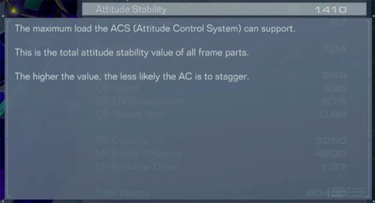 Armored Core 6's definition of the Attitude Stability stat.