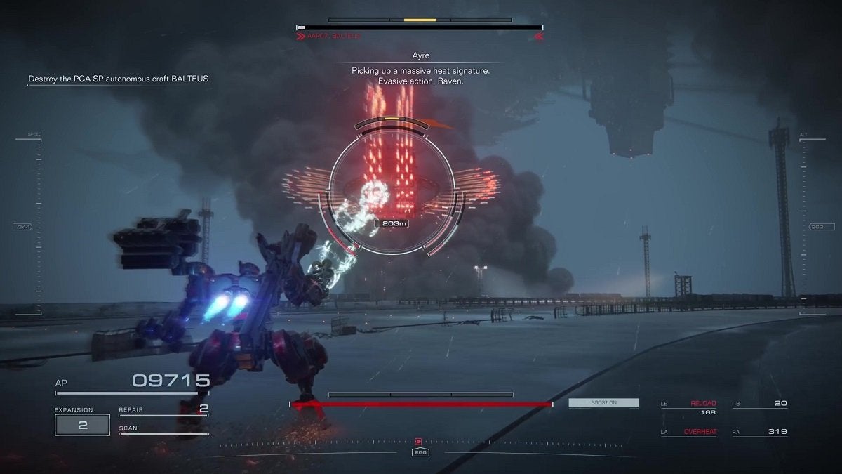 The player fighting Balteus in Armored Core 6.