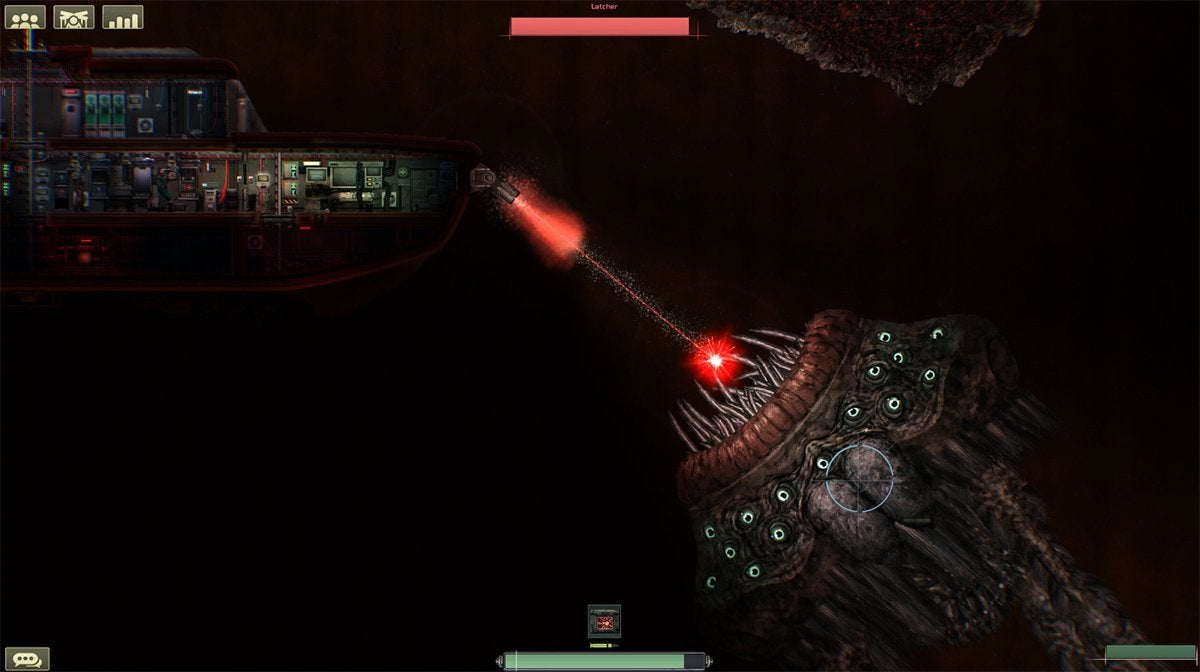 The player's submarine fighting a huge sea monster with many eyes and teeth in Barotrauma.