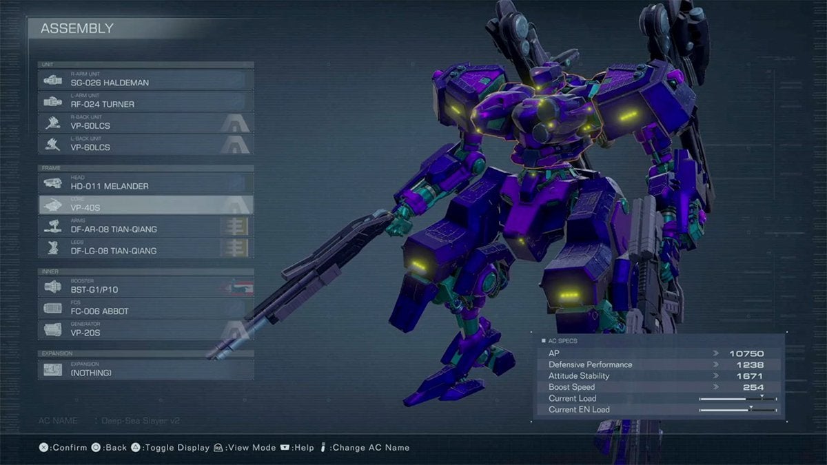 The loadout of the best early game build in Armored Core 6 that focuses on power.