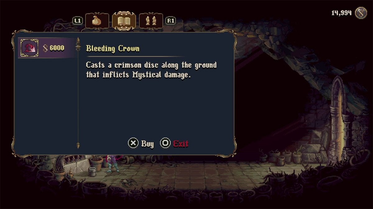 The player about to buy the Bleeding Crown Prayer from the Forlorn Patio shop.