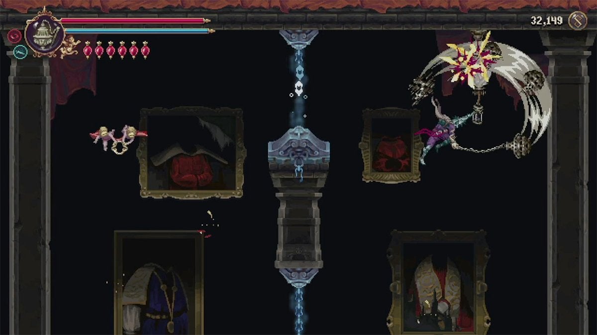 The player breaking a glass mechanism in the upper right corner of a room.