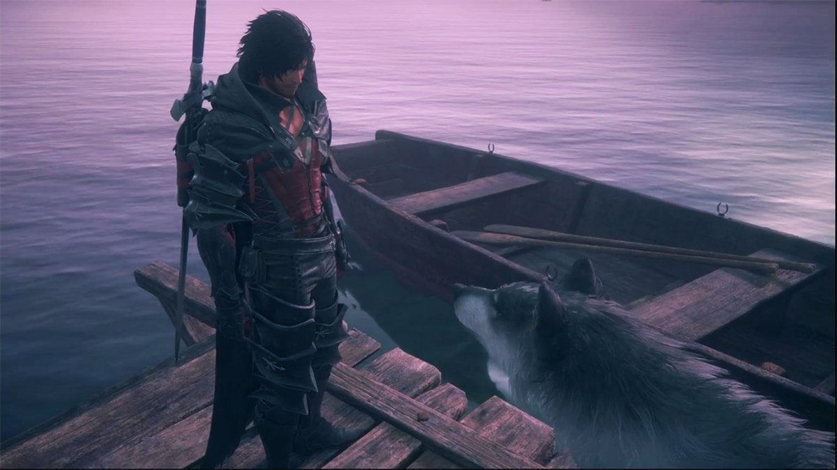 The characters Clive and Torgal from Final Fantasy 16 standing on a dock at sunset.