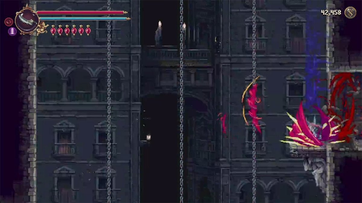 The player cutting through a brown flesh wall in the Streets of Wakes.