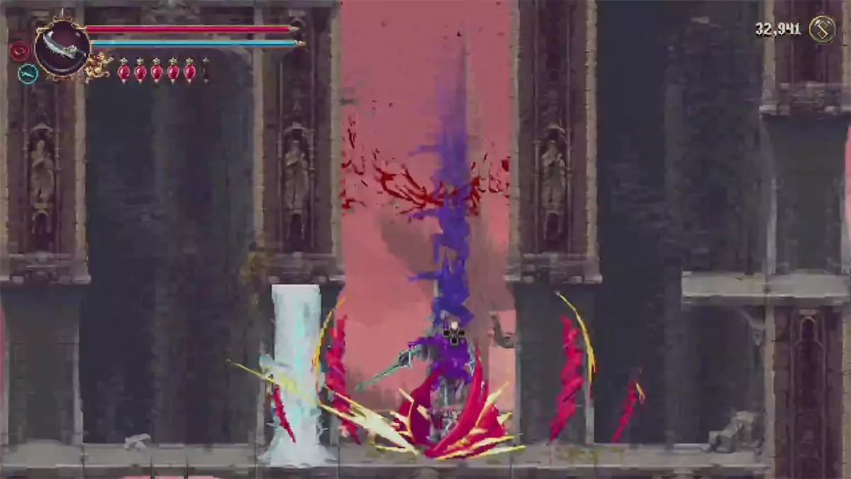 The player using Ruego Al Alba's dropdown attack to cut through multiple brown flesh walls to reach an upgrade statue.