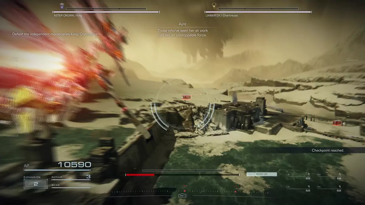 The player approaching the combat area in the "Defend the Dam Complex" mission.