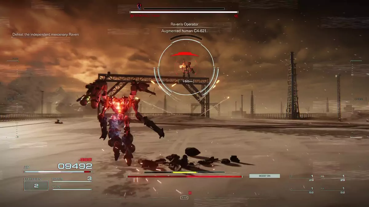 The player fighting Raven in the "Defend the Old Spaceport" mission.