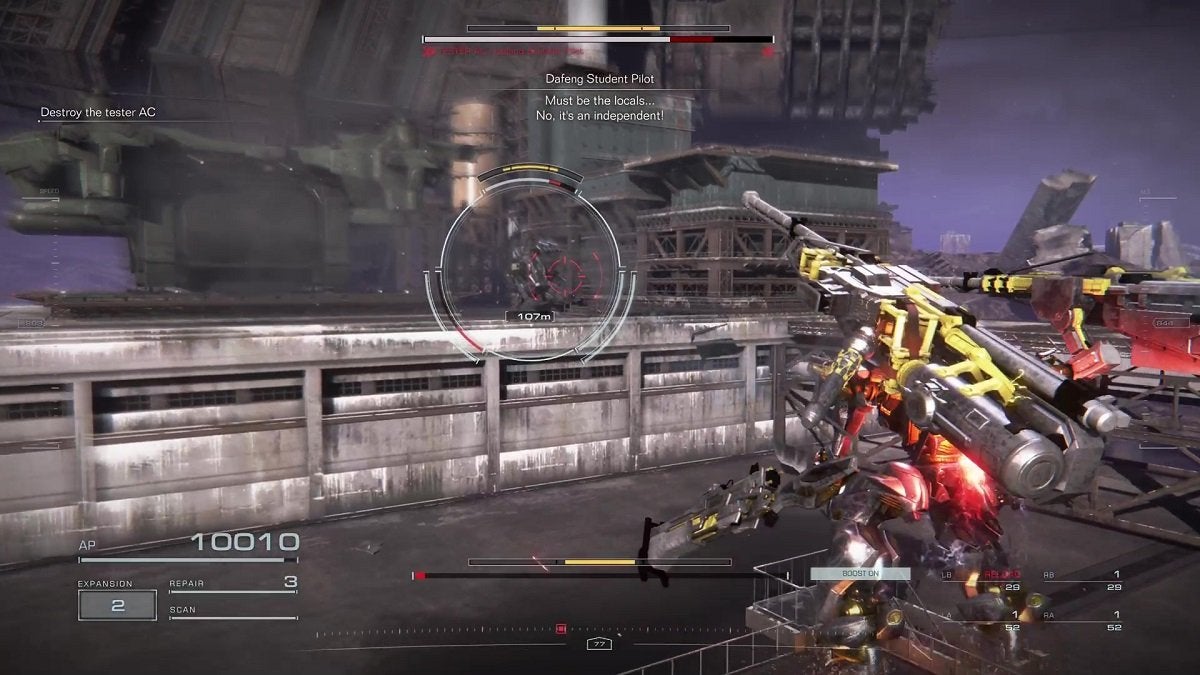 The player fighting the Tester AC in Armored Core 6.