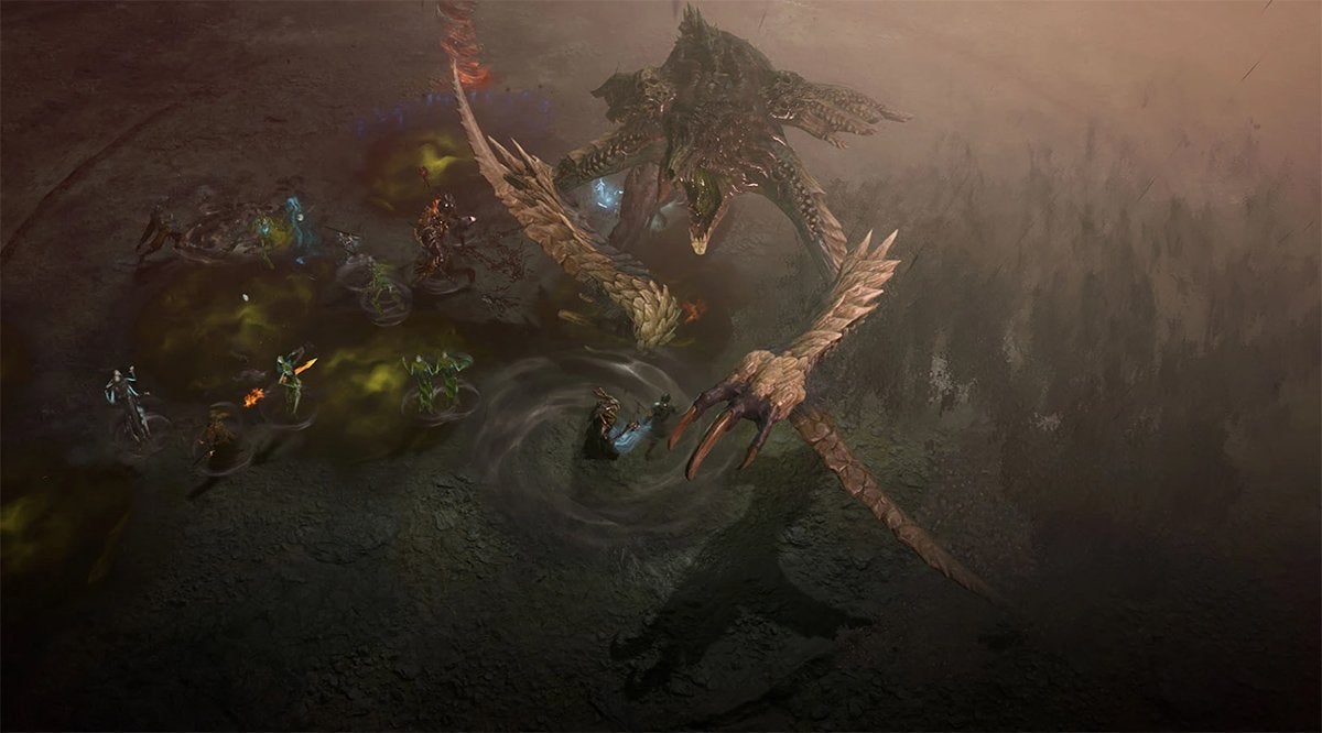 The player fighting a huge monster in Diablo IV.