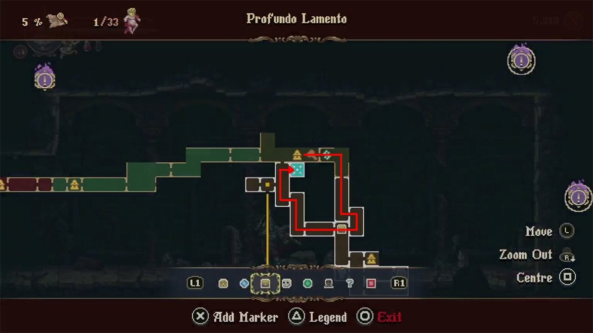 A red arrow on the map showing an almost circular route that leads to the room where Empty Receptacle #1 is located in Profundo Lamento.