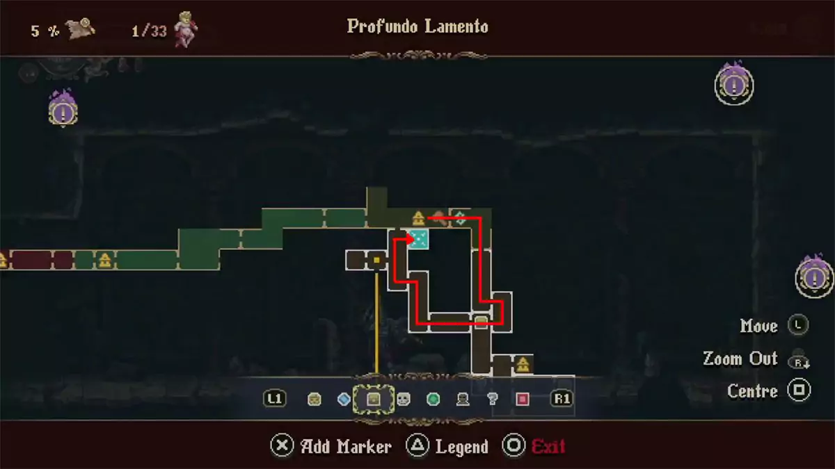 A red arrow on the map showing an almost circular route that leads to the room where Empty Receptacle #1 is located in Profundo Lamento.