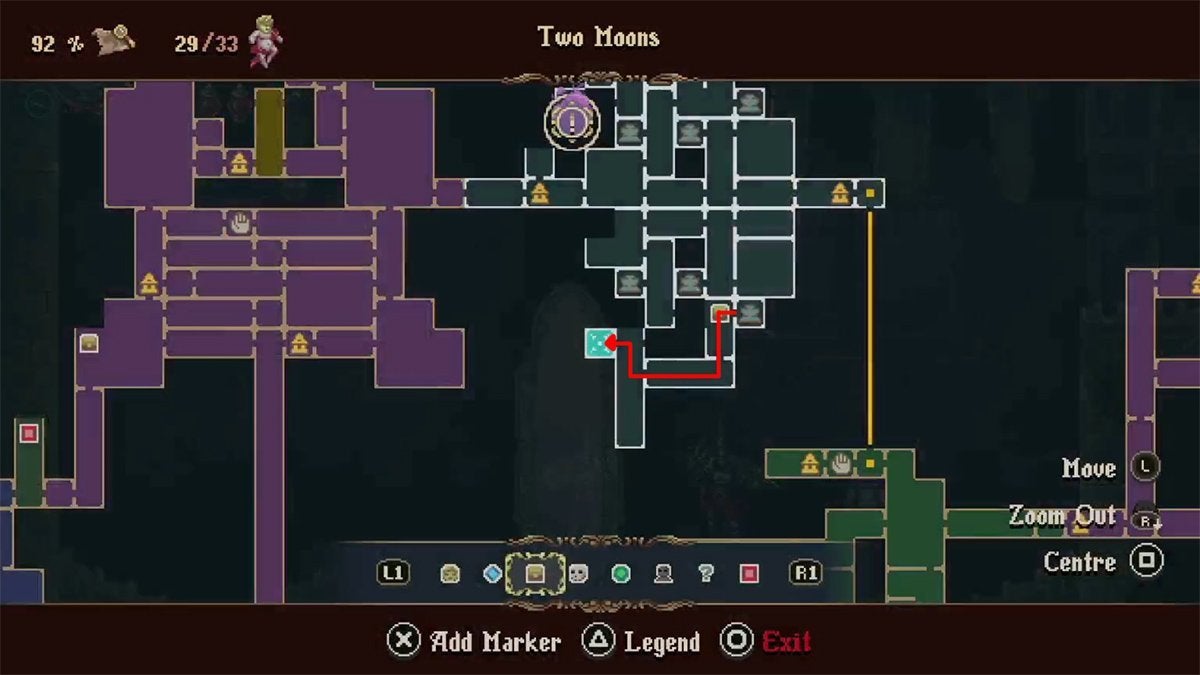 A red arrow showing the way from the fountain in the bottom-right of the Two Moons area to the room where the player can find Cursed Letter, Page 2.