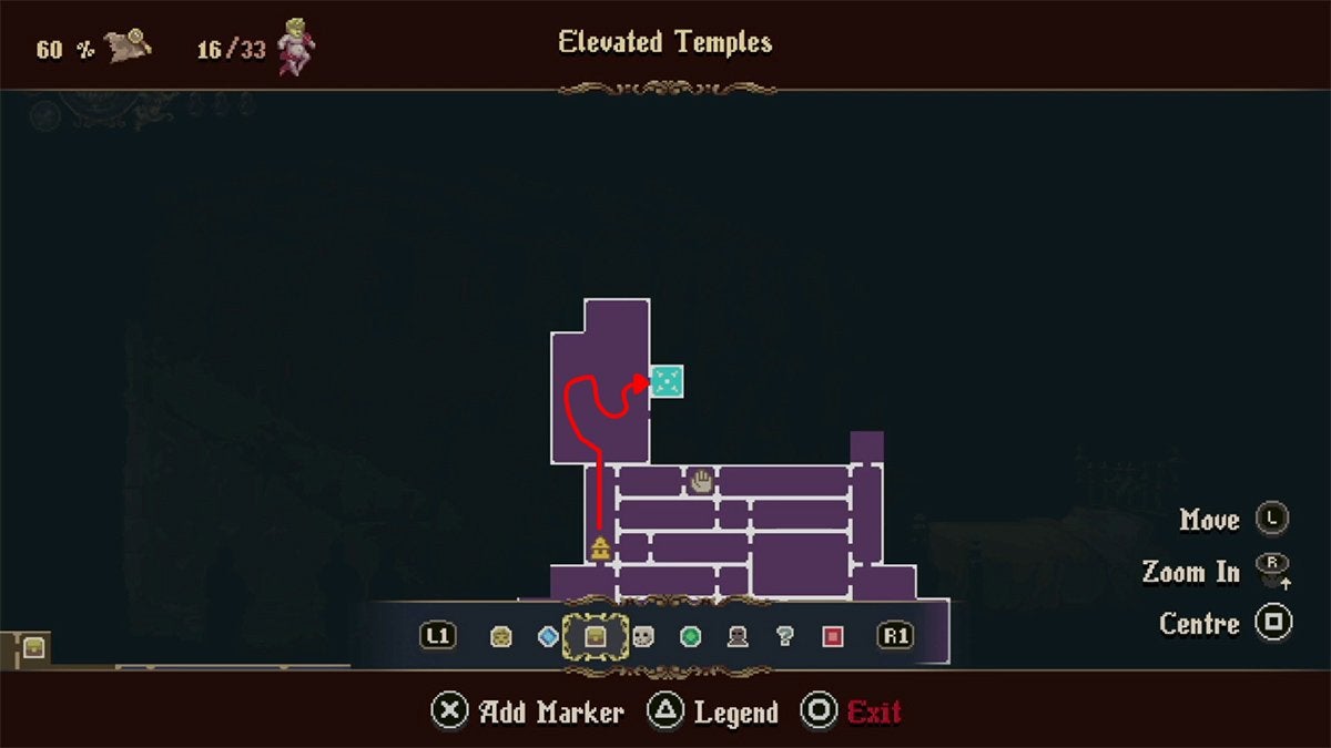 A red arrow showing a broad path to the location of the Daughter in the Elevated Temples.