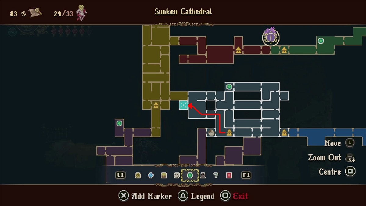 The route from the leftmost Prie Dieu in the Sunken Cathedral to the location of a Daughter.