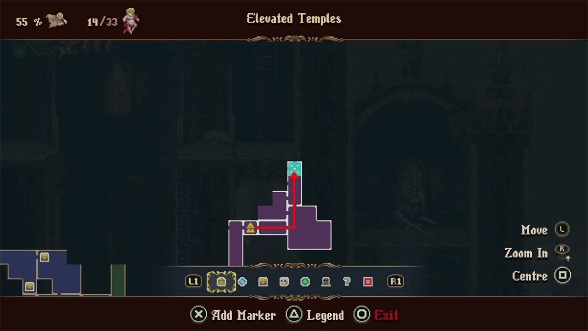 A red arrow on the map showing a route that leads to the room where Empty Receptacle #2 is located in the Elevated Temples.