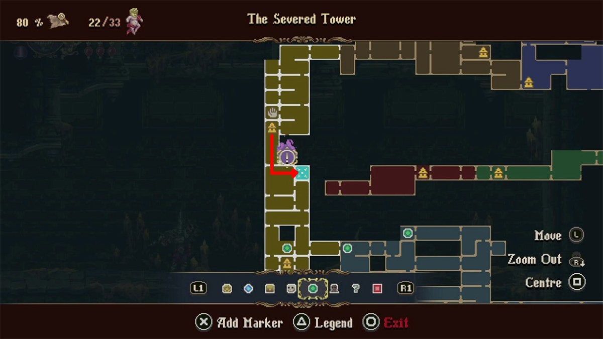 A red arrow showing the path from the upper Prie Dieu in the Severed Tower to the room holding the fourth Empty Receptacle.