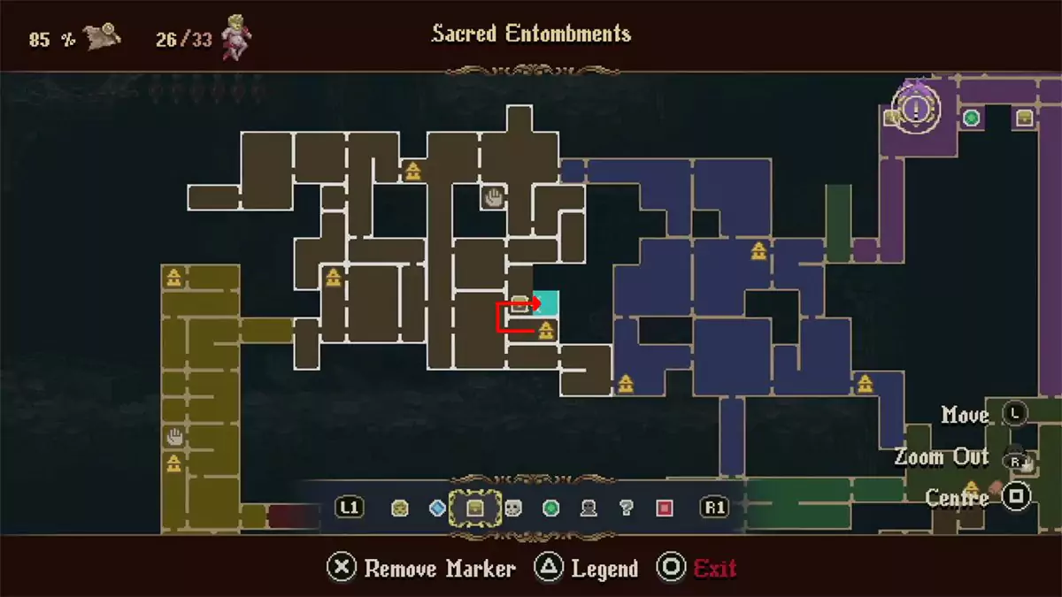 A red arrow on the map showing the way from the bottom-rightmost Prie Dieu in the Sacred Entombments to the chest containing the Rosa of the Three Stars Prayer.