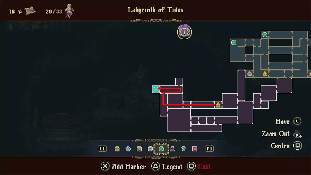 A red arrow pointing from the Prie Dieu in the Labyrinth of Tides to the chest containing the Serrana of the Kindled Hearth Prayer.