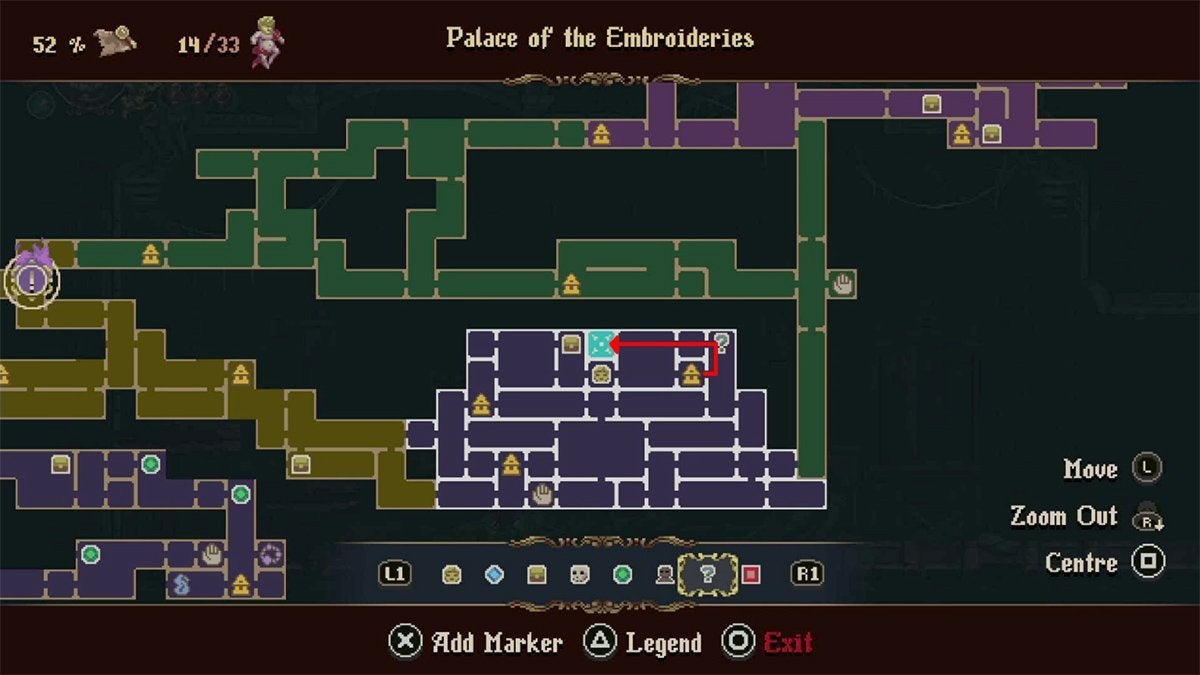 A red arrow showing how to get from the top-right Prie Dieu in the Palace of Embroideries to the combat challenge room that rewards the player with a Silver-Clad Crystal Shard.