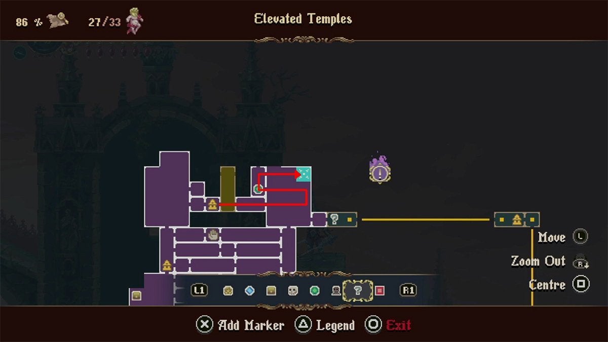 A red arrow showing how to get from the topmost Prie Dieu in the Elevated Temples to the jumping puzzle that rewards the player with a Silver-Clad Crystal Shard.