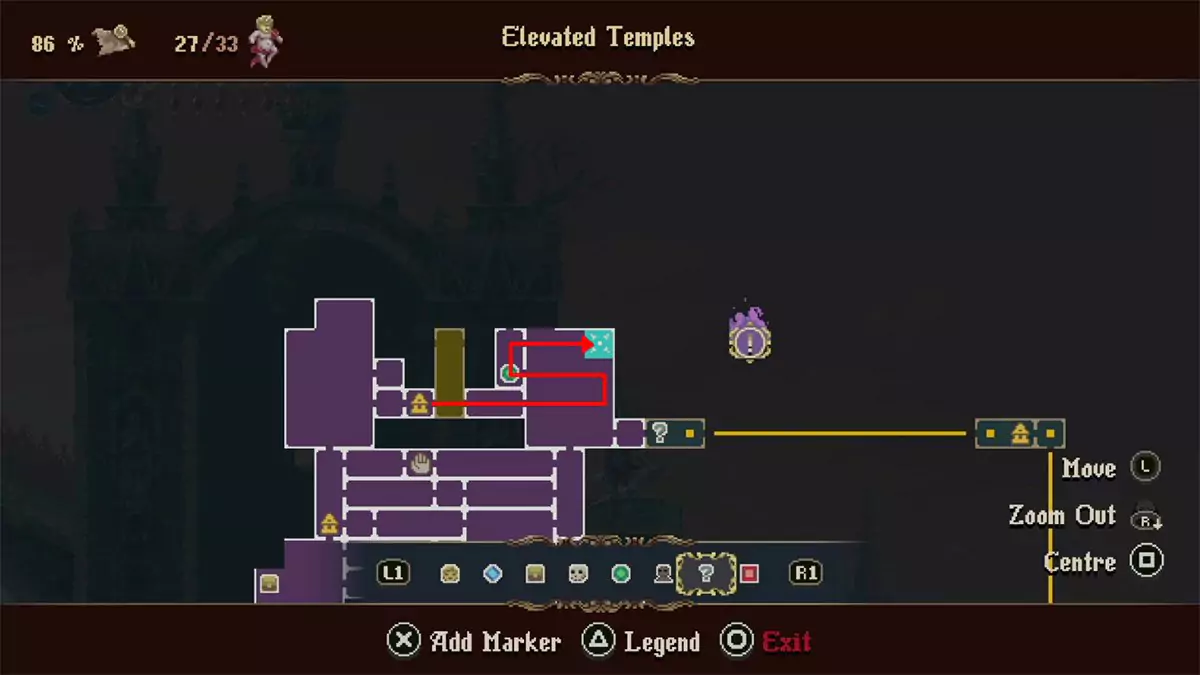 A red arrow showing how to get from the topmost Prie Dieu in the Elevated Temples to the jumping puzzle that rewards the player with a Silver-Clad Crystal Shard.