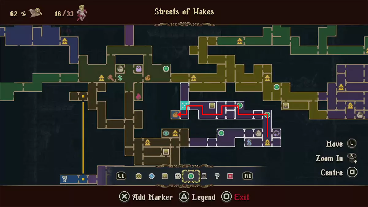 A red arrow showing the path through the Streets of Wakes to the Forlorn Patio.