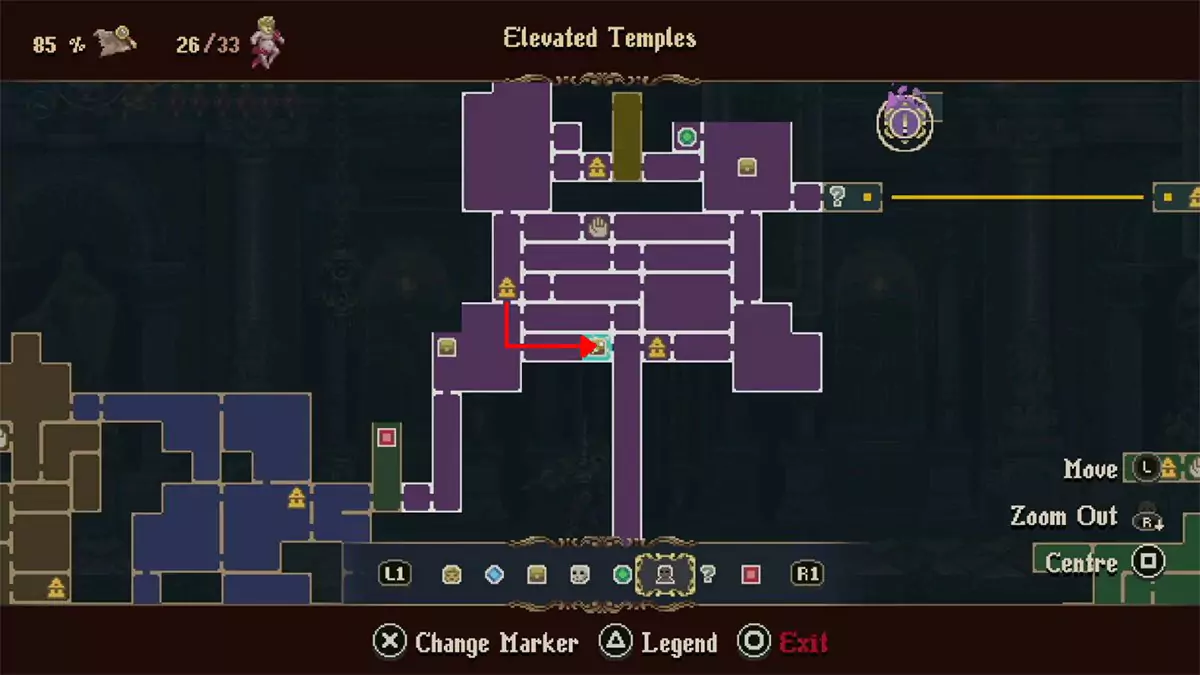 A red arrow showing the path from the rightmost Prie Dieu in the Elevated Temples to the room holding the Holy Oil of Everlasting Anointment.