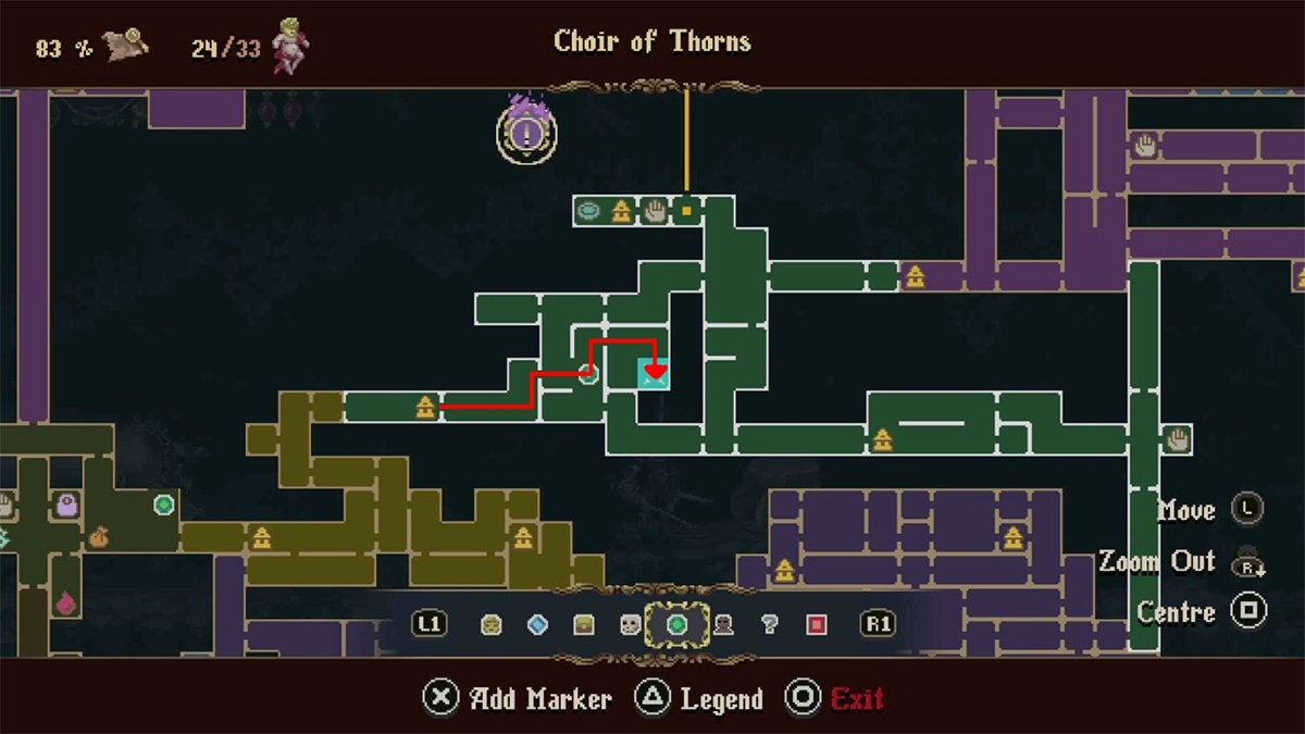 A red arrow showing the way from the leftmost Prie Dieu in the Choir of Thorns to the room with the level 2 upgrade statue for Sarmiento & Centella.