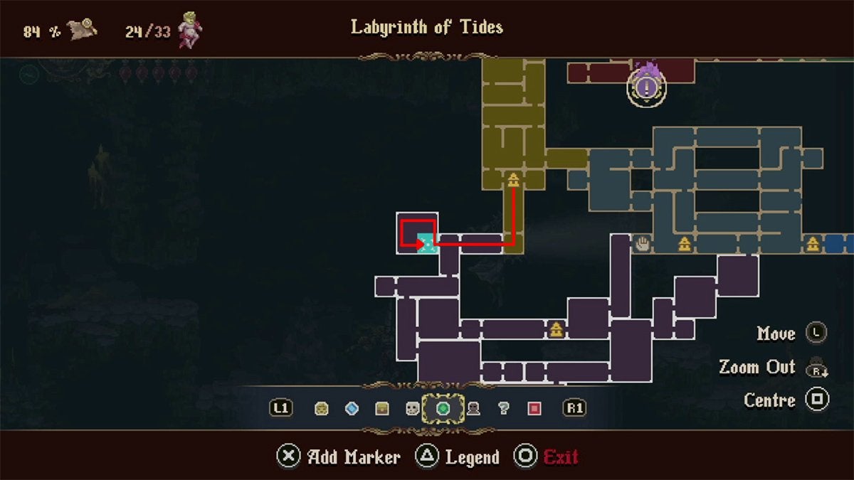 A red arrow showing the way from the lowest Prie Dieu in the Severed Tower to the upper left room in the Labyrinth of Tides.