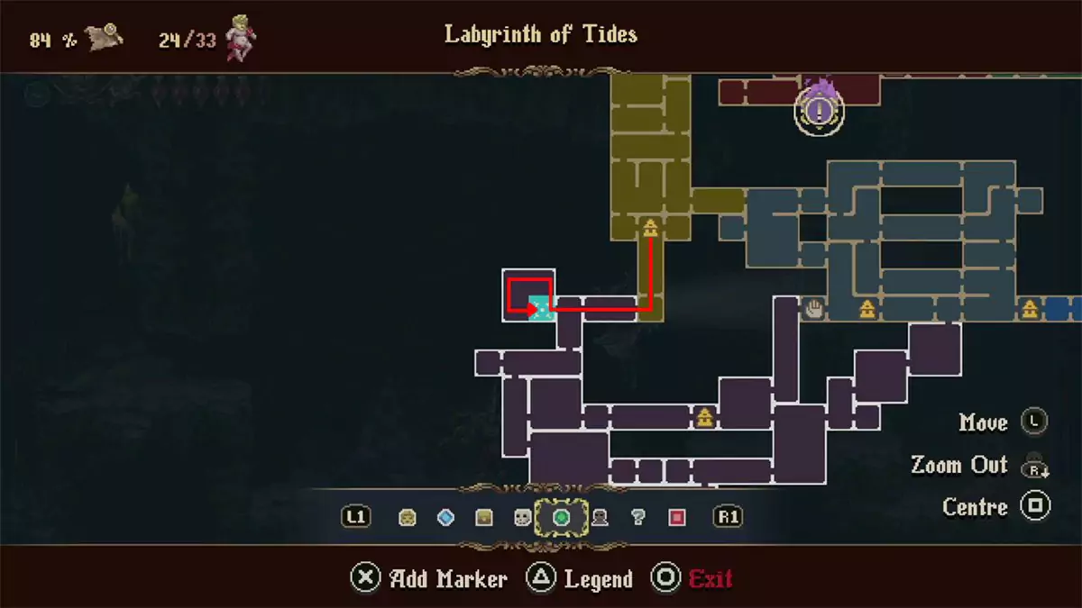 A red arrow showing the way from the lowest Prie Dieu in the Severed Tower to the upper left room in the Labyrinth of Tides.