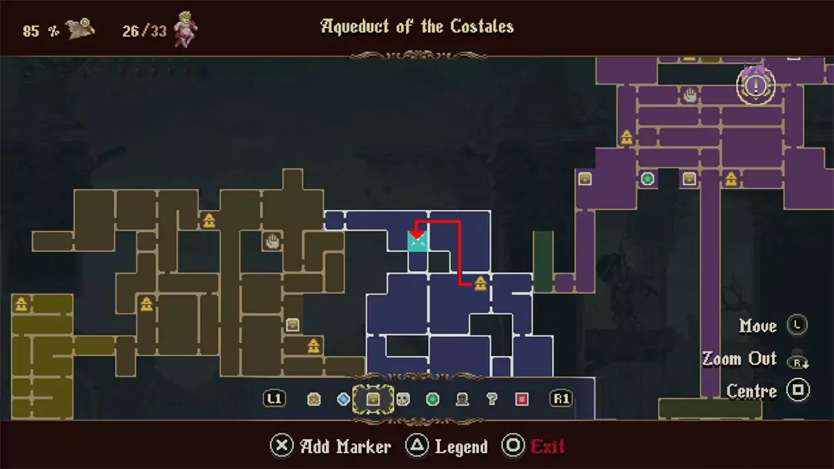 A red arrow pointing from the upper Prie Dieu in the Aqueduct of Costales to the location of a Wax Seed.