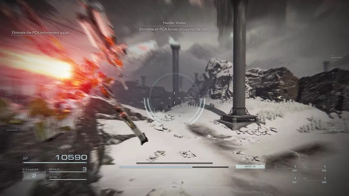 The player flying towards pillars in "Eliminate Enforcement Squads" mission.