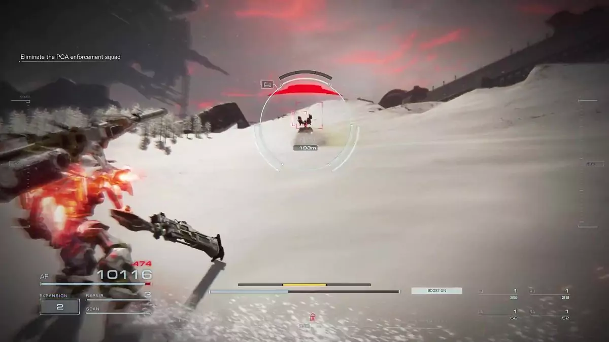 The player fighting an enemy AC named Ring Freddie.
