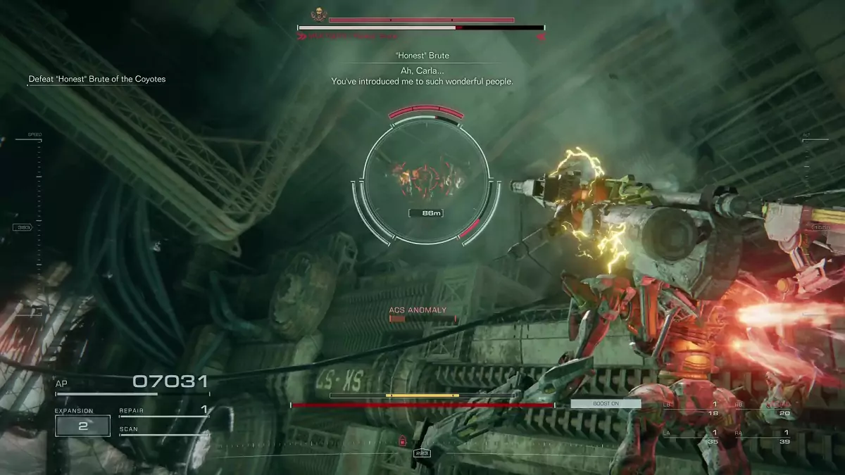 The player facing "Honest" Brute in Armored Core 6.