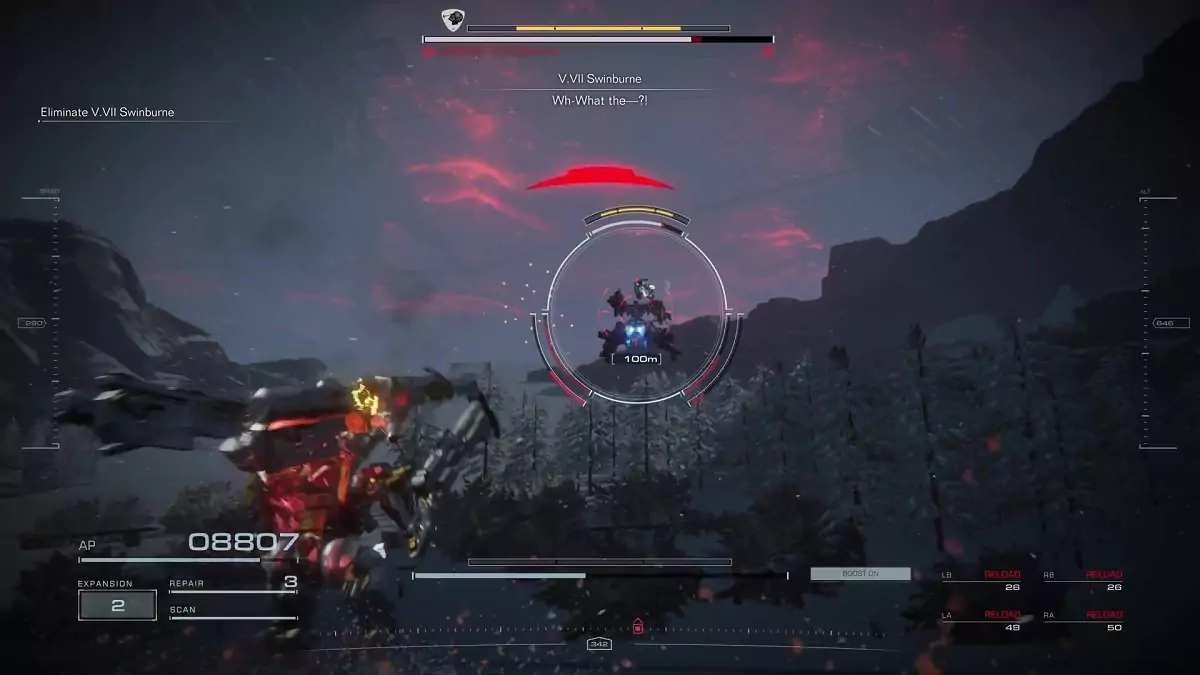 The player fighting V.VII in Armored Core 6.