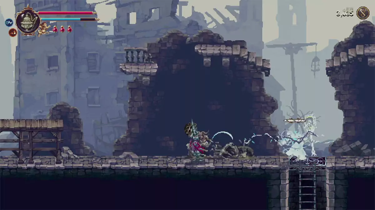 The player shooting lightning at an enemy.