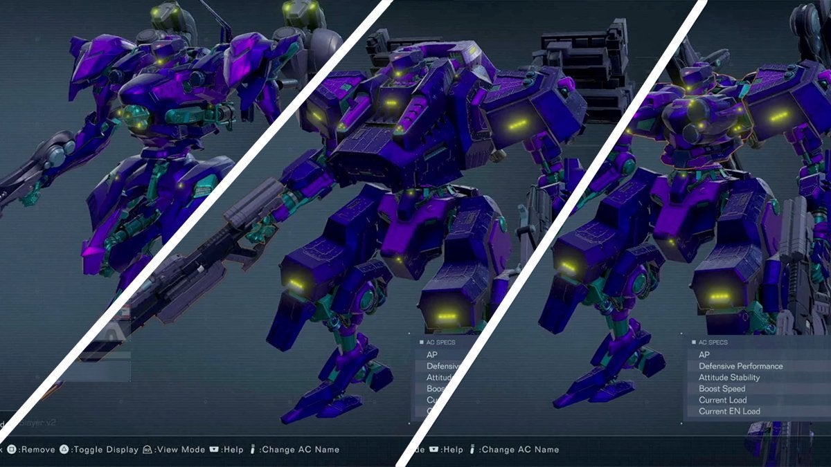 Three different Armored Core 6 builds side-by-side.