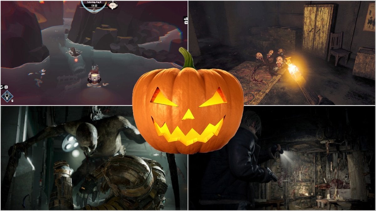 A jack o' lantern overtop four screenshots from different games.