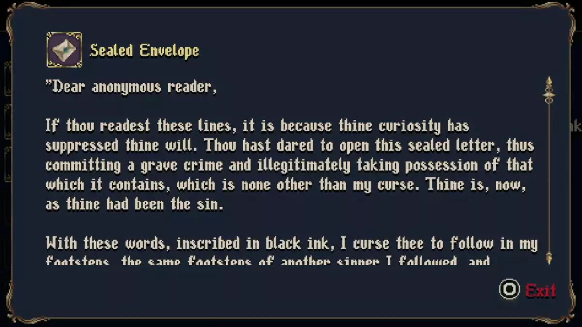 The player reading the text on Cursed Letter, Page One in Blasphemous 2.