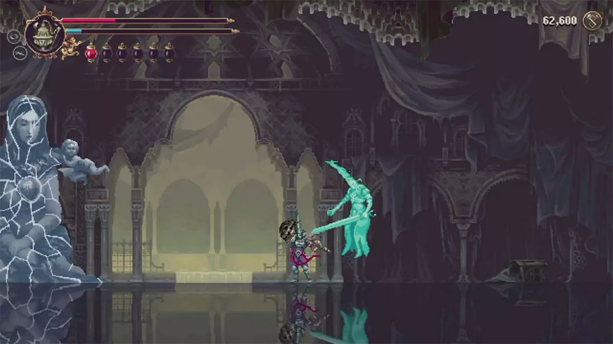 The player watching as the boss, Svsona, Fermosa Fembra, dies and shatters into pieces.