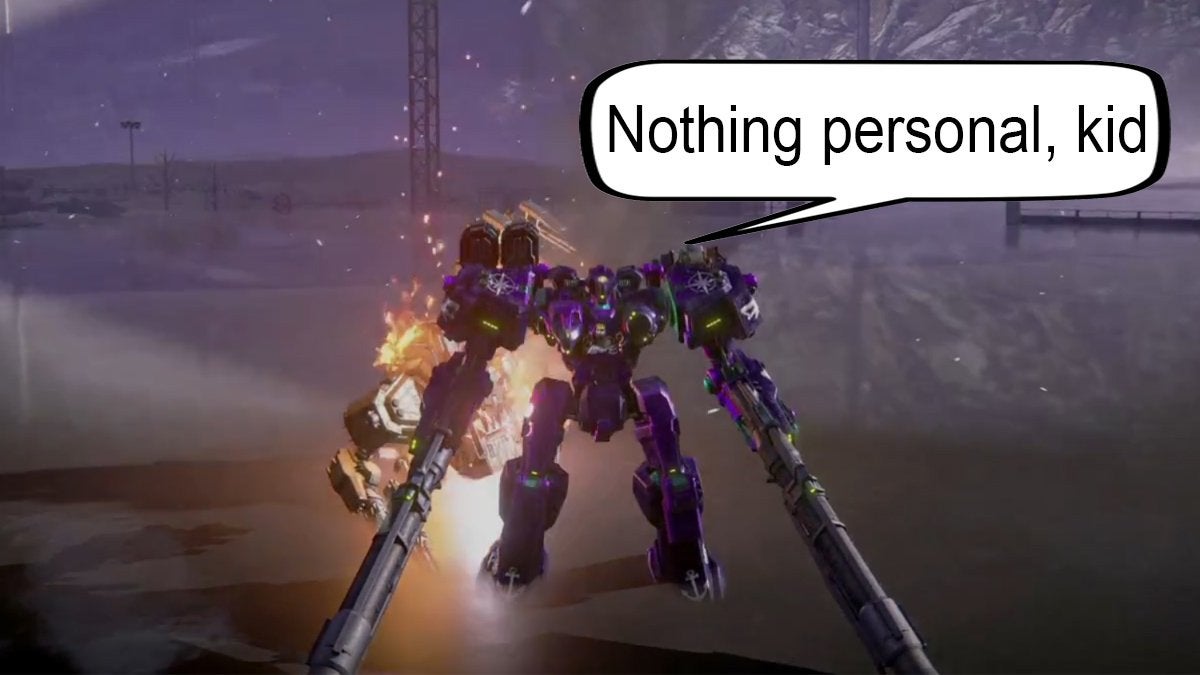 A player in a purple armored core saying "Nothing personal, kid" after destroying a tester armored core piloted by a trainee.