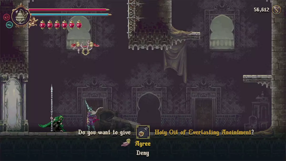 The player about to give the Holy Oil in Blasphemous 2 to the NPC Yerma.