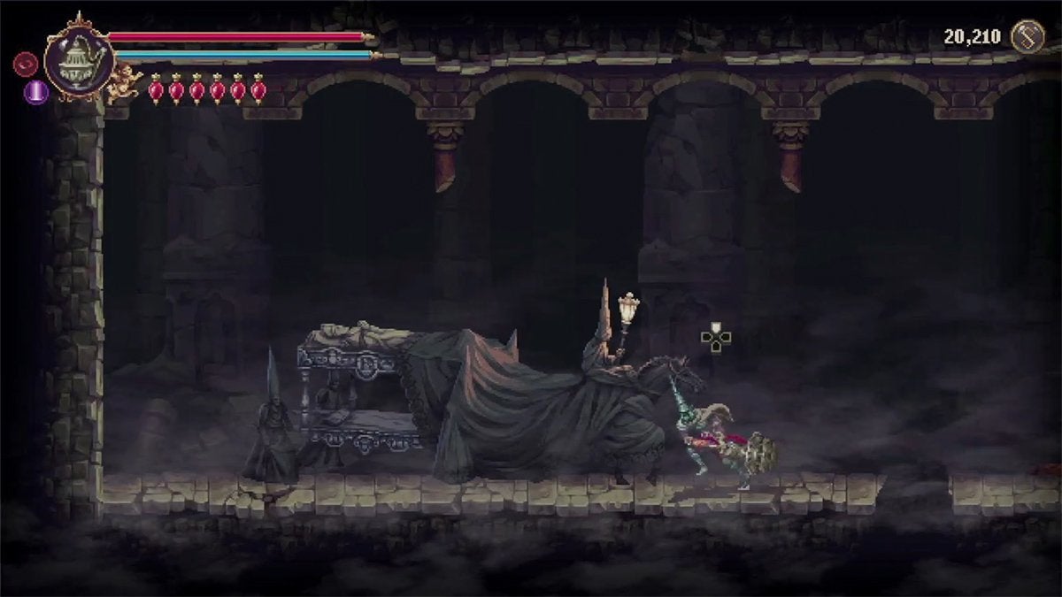 The player approaching the funeral carriage in Blasphemous 2.
