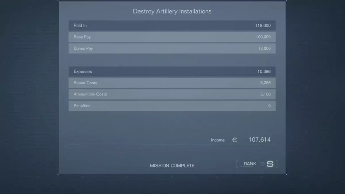 A player getting S-Rank on the Destroy Artillery Installations Mission in Chapter 1 of Armored Core 6.