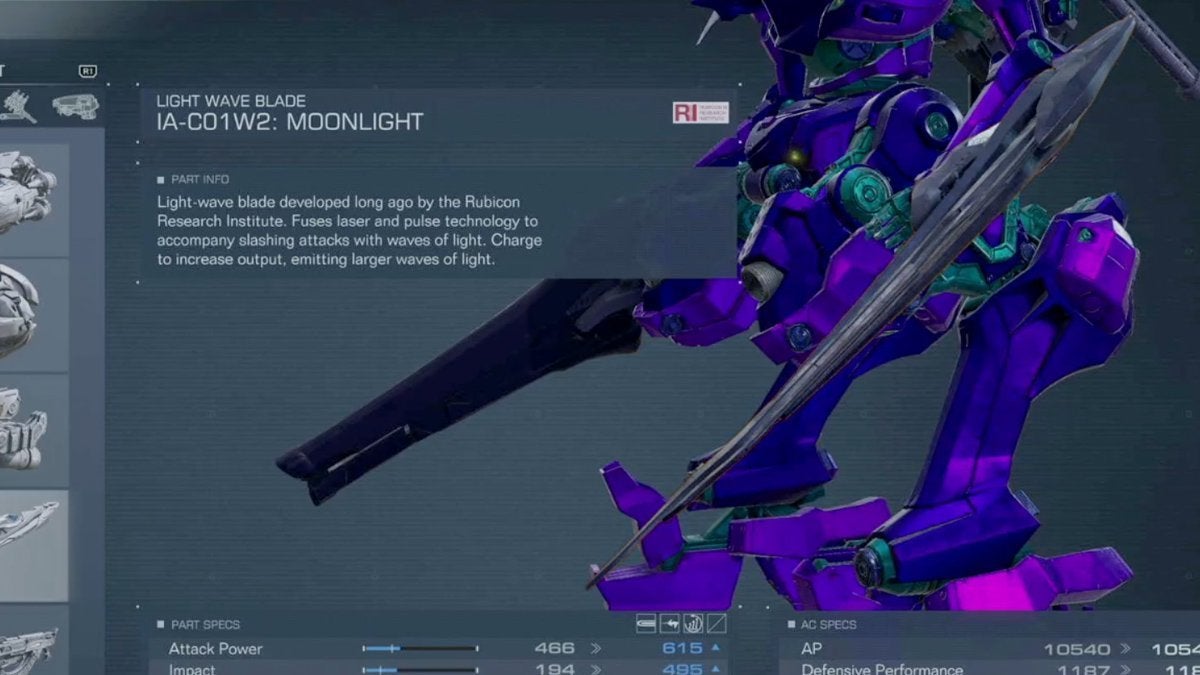 The player equipping the Moonlight sword in the assembly menu of Armored Core 6.