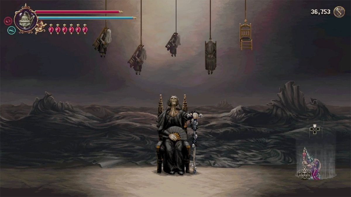 The player is in an area with a giant elderly woman wearing black who is looking up at younger women being hanged while seated in chairs.
