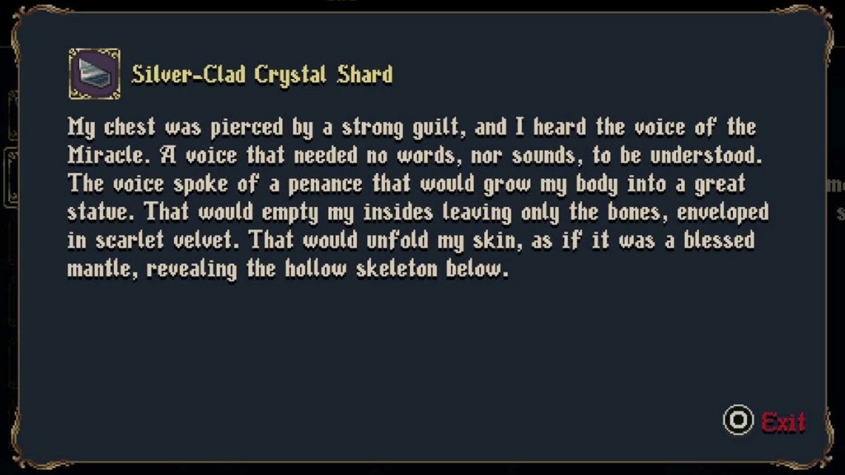 The lore text box of the Silver-Clad Crystal Shards in Blasphemous 2.